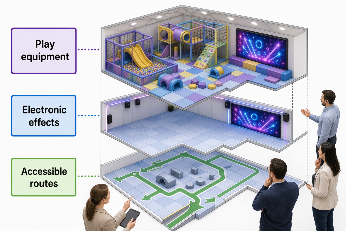 Different reviewers check play equipment, electronic effects and accessible routes in one venue.