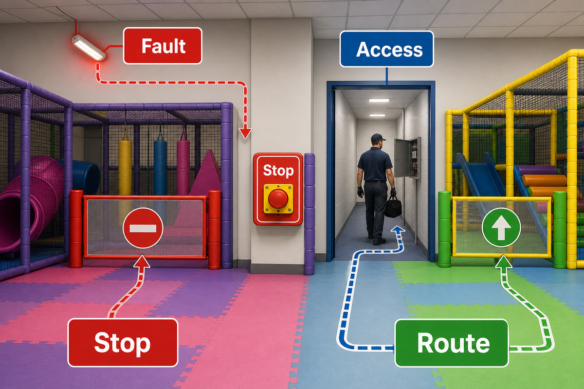 An LED wall fault triggers staff stop, controlled access and a decision on the affected play route.