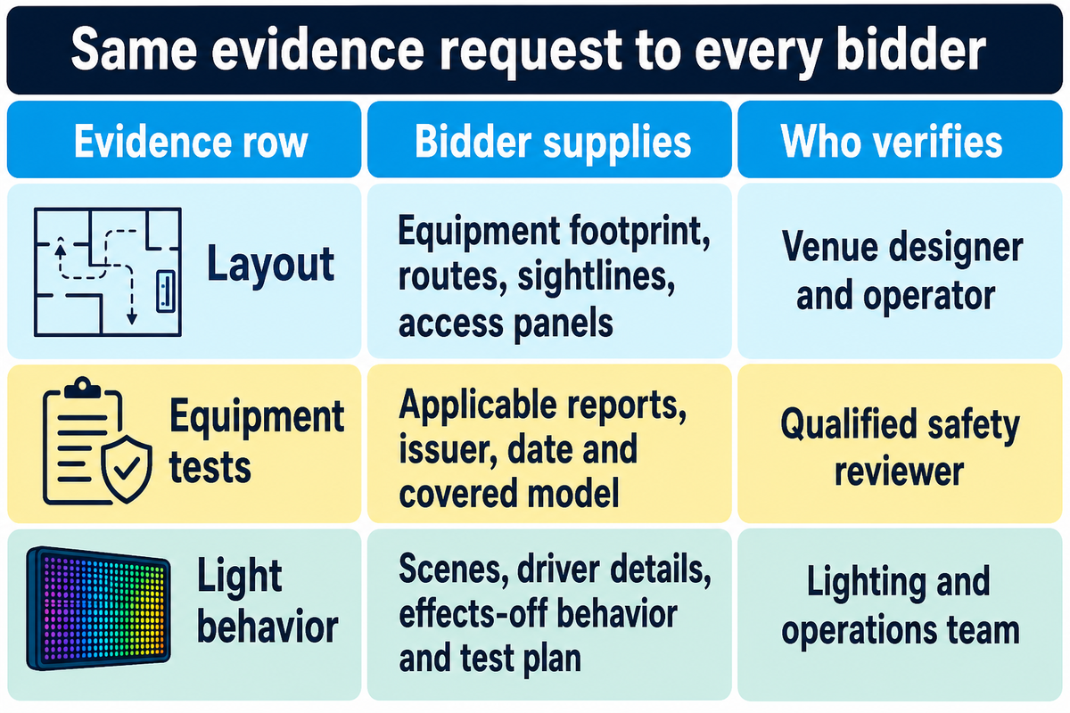 Three sample RFQ evidence rows map layout, equipment tests and light behavior to supplier deliverables and named reviewers.