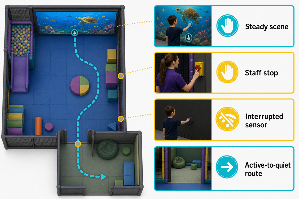 Commission the steady scene, staff stop, interrupted sensor and active-to-quiet route before opening.
