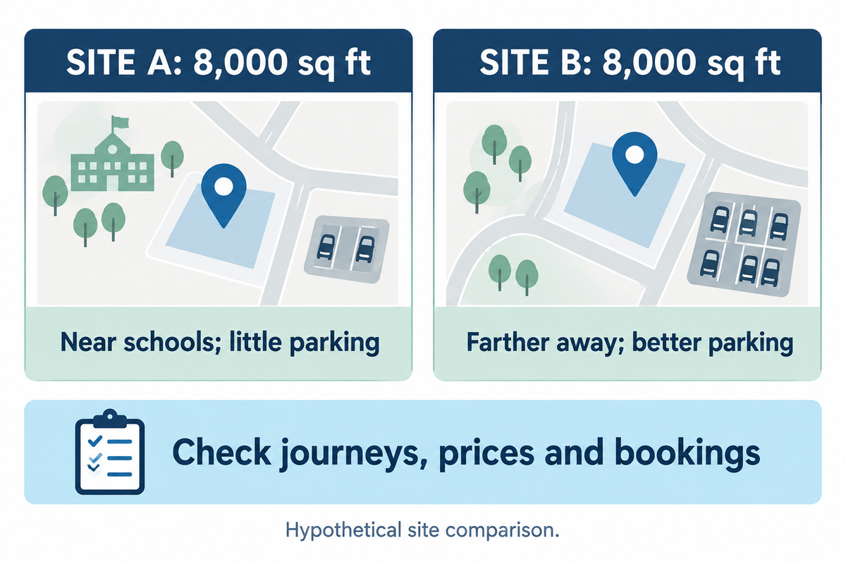 Hypothetical comparison of two 8,000-square-foot sites: school proximity versus parking, checked against family journeys, prices and bookings.