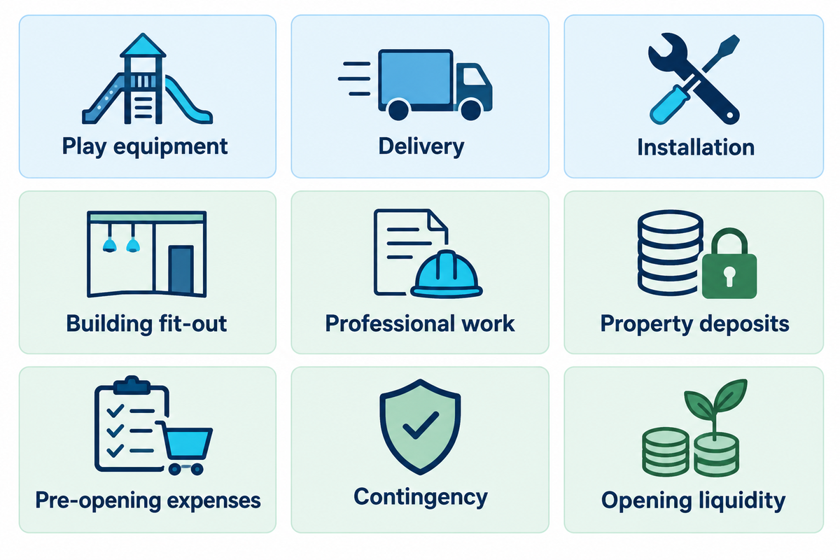 Nine cash requirements separate equipment, delivery, installation, fit-out, professional work, deposits, pre-opening expenses, contingency and opening liquidity.