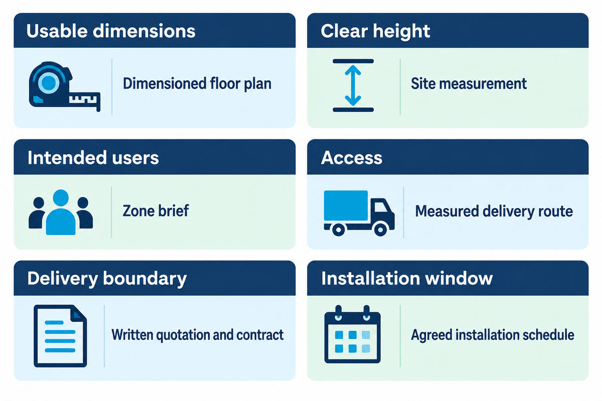 Six quote inputs and their evidence: dimensions, clear height, users, access, delivery boundary and installation window.