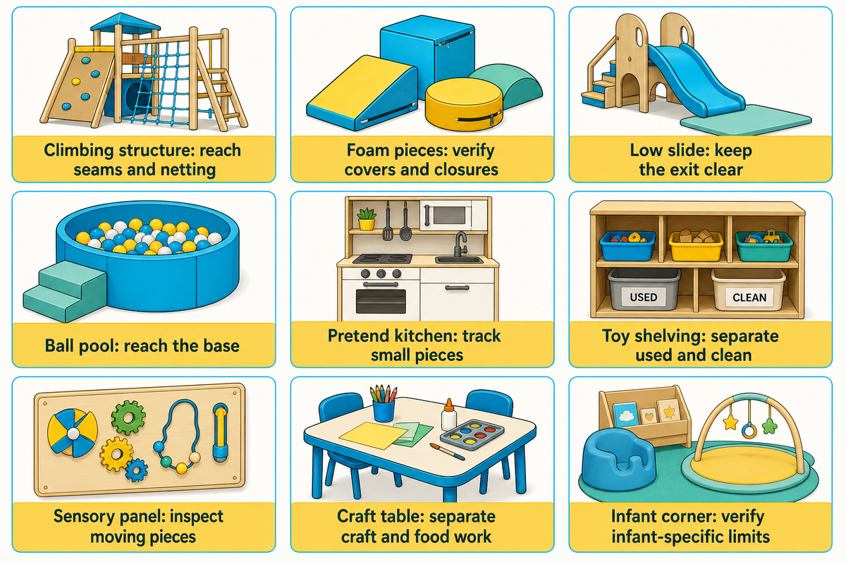 Choose equipment with reachable seams and component-specific limits; CPSC/ASTM scope and article matrix.