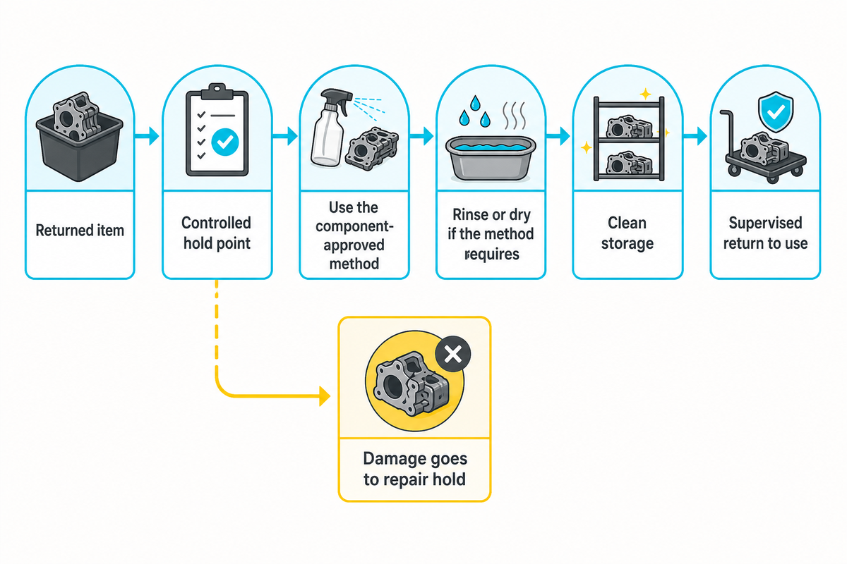Separate returned items, reset work and repair hold; article floor-plan synthesis with CDC cleaning guidance.
