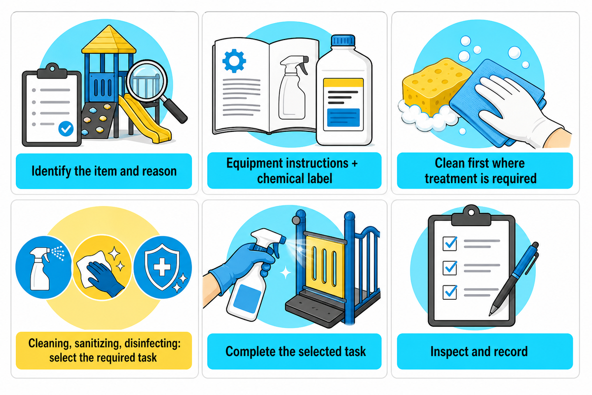 Use equipment instructions and chemical labels to select reset work; CDC/EPA guidance.