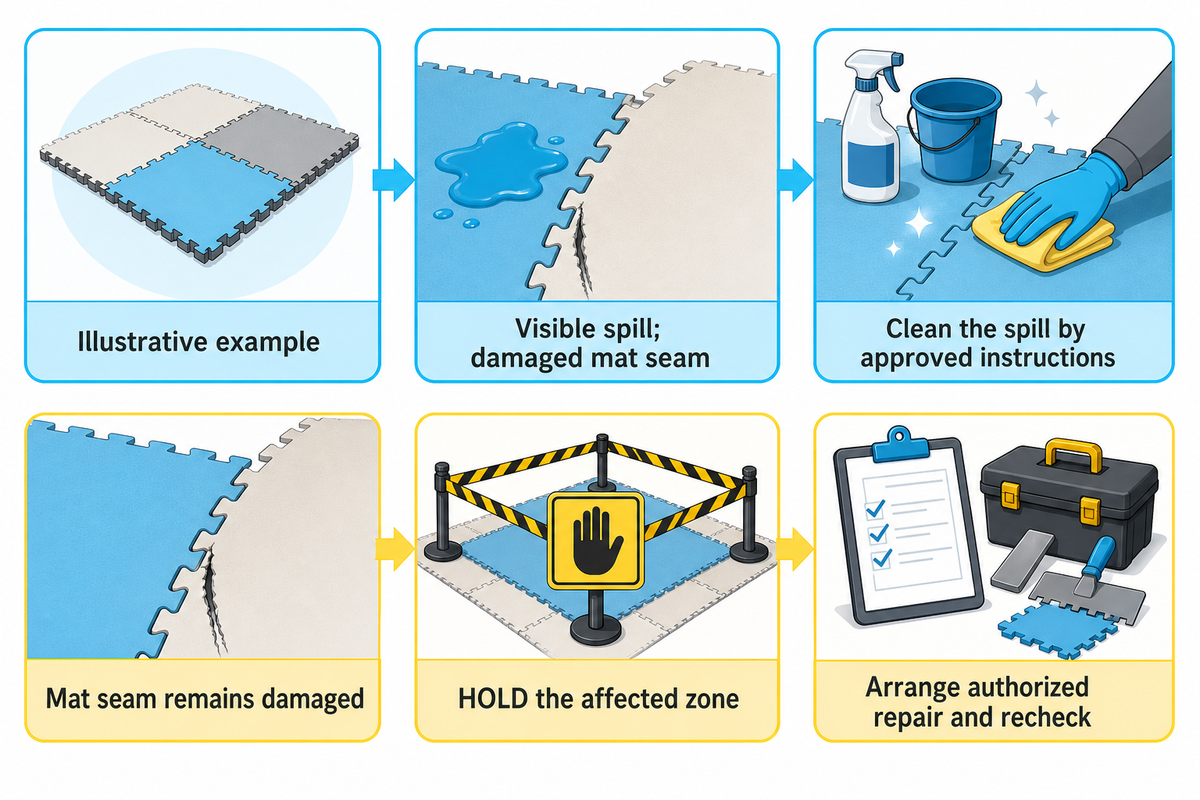 Cleaning a spill does not repair a damaged mat; illustrative article Reset-to-Reopen Log.