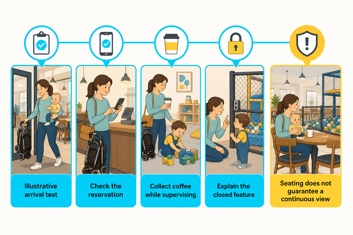 Test reservation, coffee collection and closed-feature communication; illustrative parent arrival scenario.