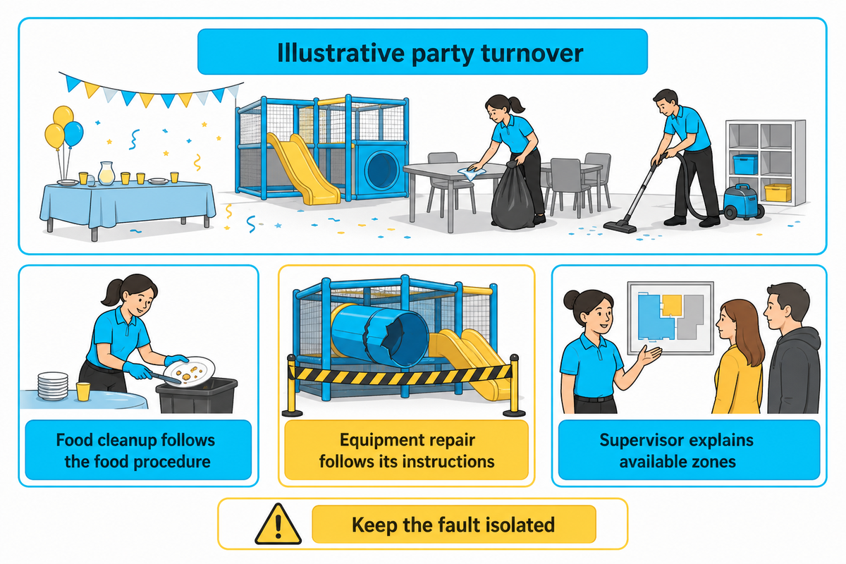 Separate food cleanup and equipment repair; article party-turnover planning synthesis.