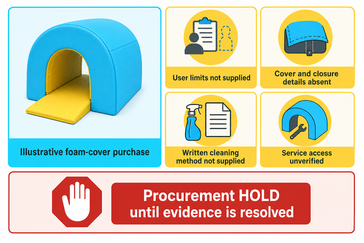 Missing foam-cover evidence means procurement HOLD; illustrative article Cleanability Purchase Record.