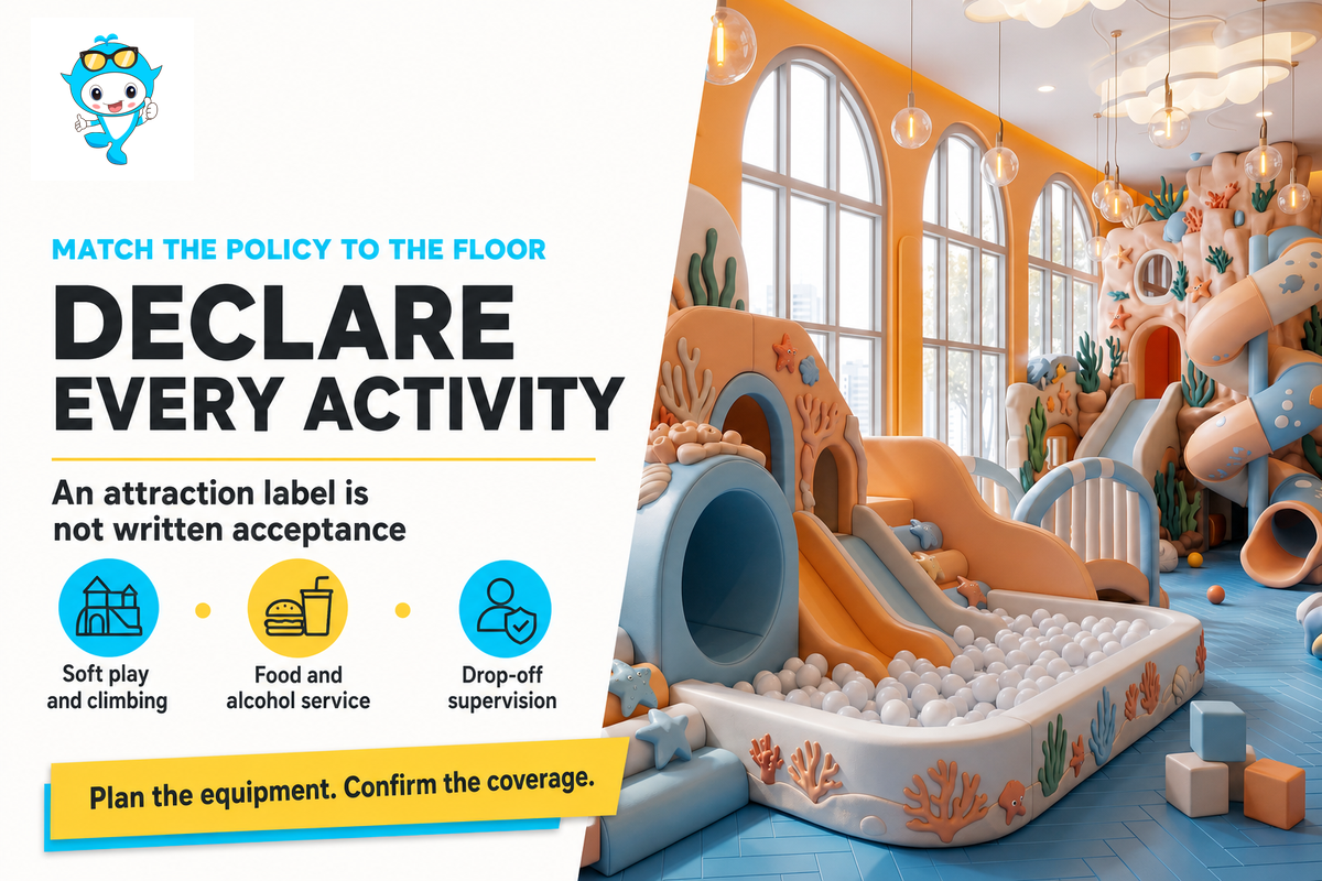 Declare soft play, climbing, food, alcohol service and drop-off care separately before assuming insurance acceptance.