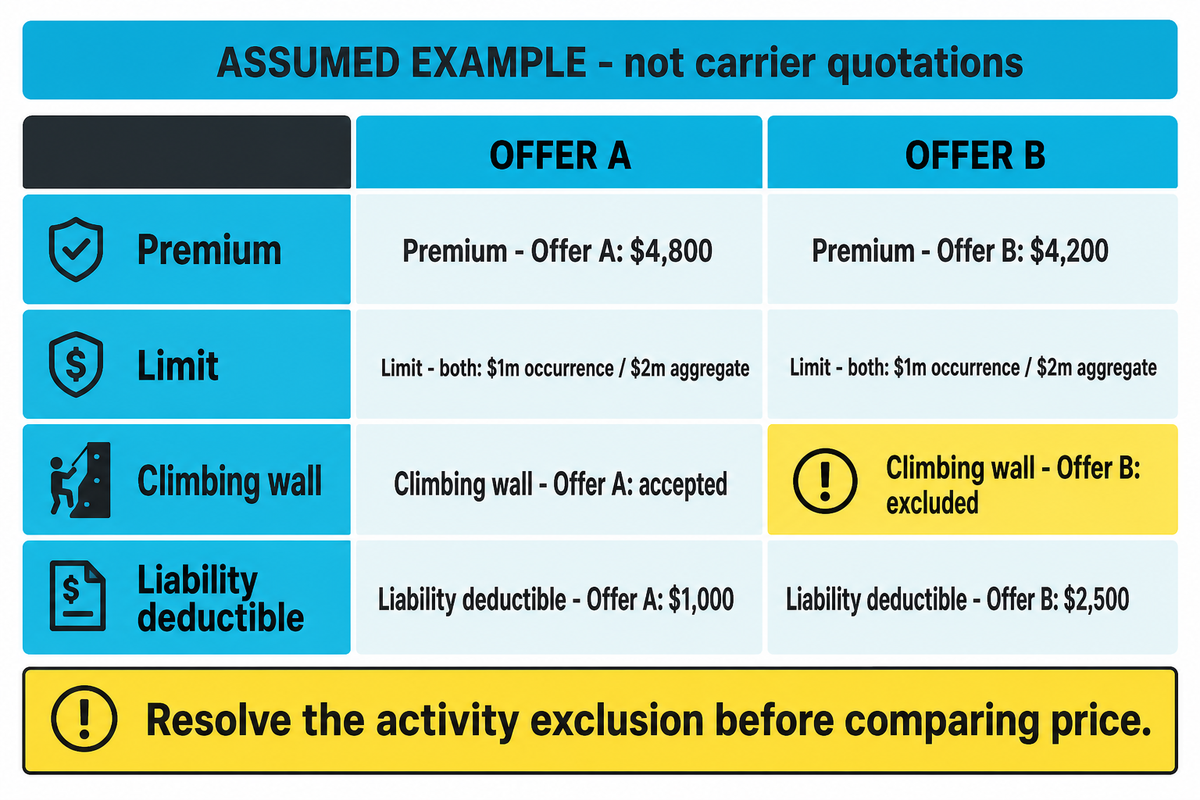 Assumed $4,200 and $4,800 offers differ in climbing-wall acceptance and deductible despite matching liability limits.