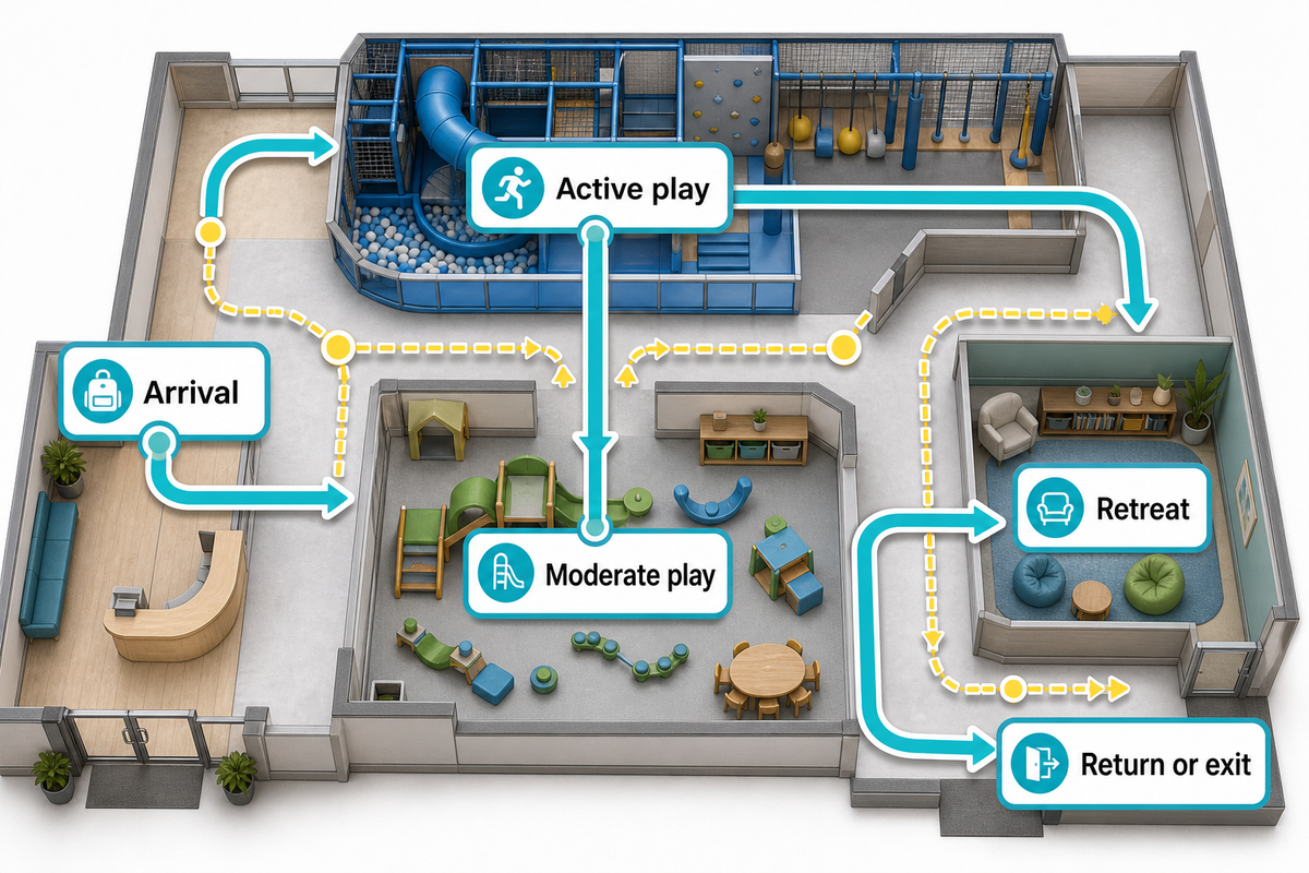 Arrival, active play, moderate play, retreat and return form a voluntary route; article's five-stop planning method.