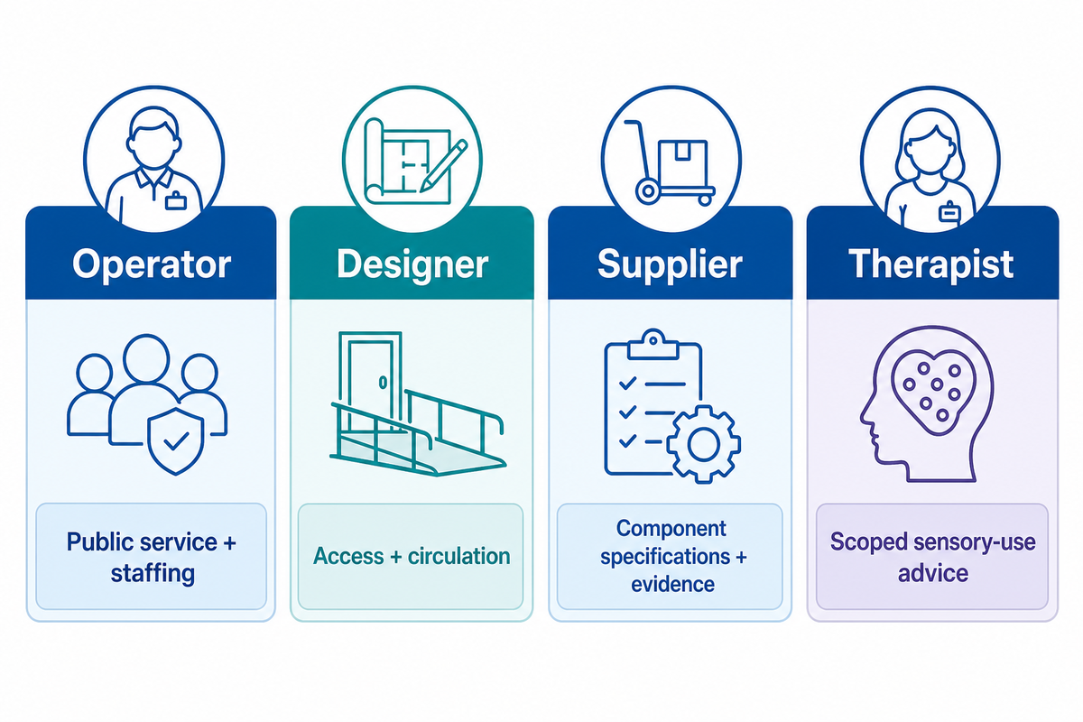 Operator, designer, supplier and therapist have separate responsibilities; AOTA clinical scope and the article's project brief.