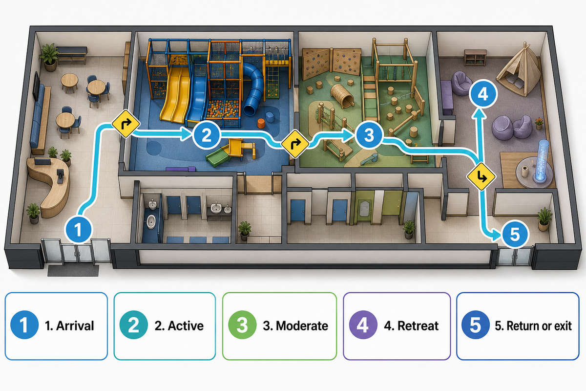 The five-stop walkthrough records arrival, active, moderate, retreat and return or exit before sign-off; original article protocol.