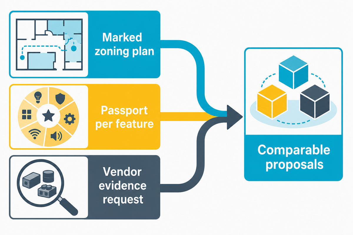 Before requesting a quote, provide a marked zoning plan, one Sensory Choice Passport per proposed feature, and a vendor evidence request.