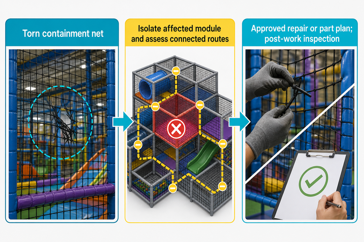 Five-condition safety screen for indoor playground repair eligibility
