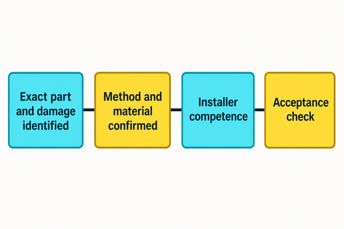 Part-level repair eligibility evidence path for soft-contained playground equipment