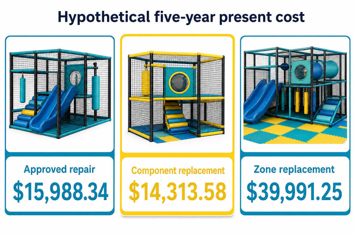 Hypothetical five-year present cost comparison of repair, component replacement and zone replacement