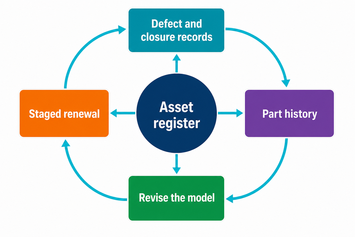 Asset-record loop for staged indoor playground equipment renewal