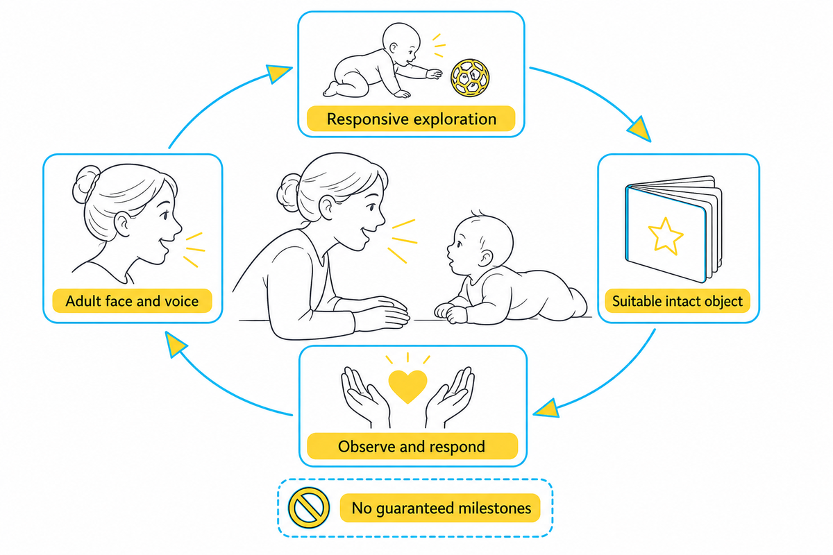 Responsive caregiver interaction supports sensory exploration; equipment does not guarantee milestones (Head Start).