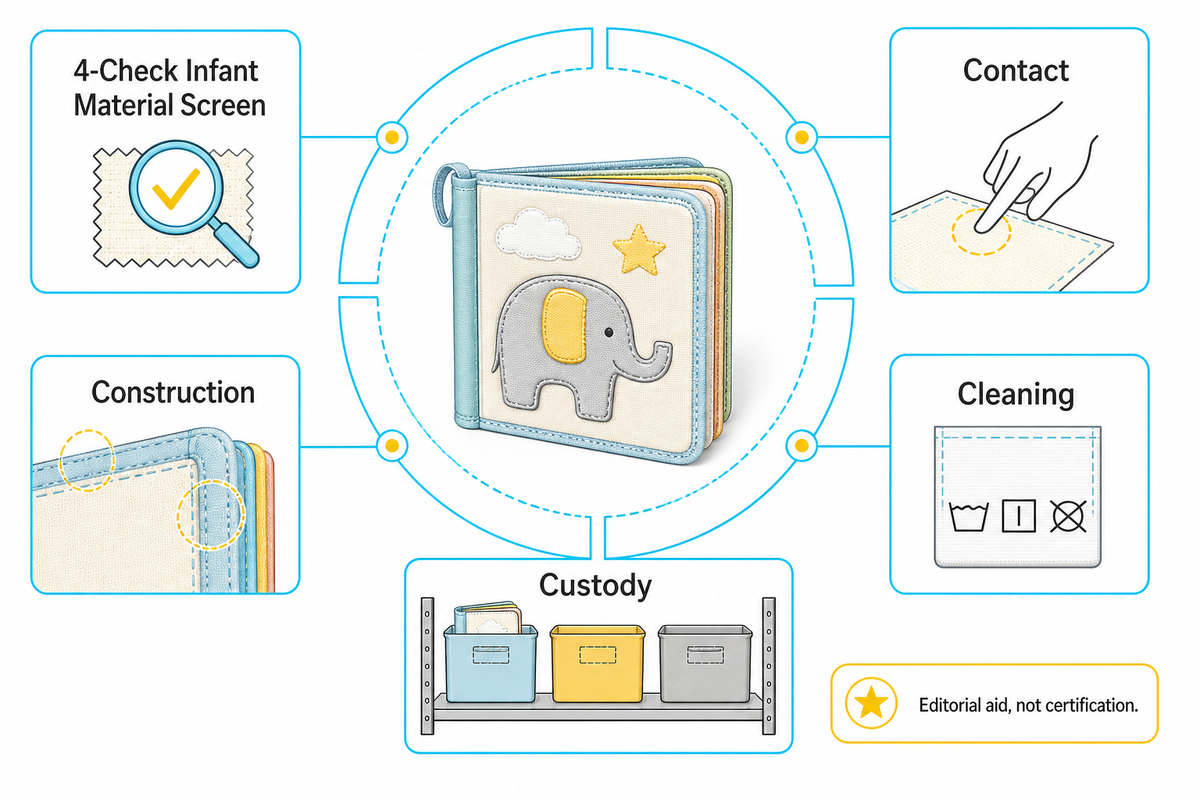 Check contact, construction, cleaning and custody before infant material selection (AAP, Head Start, CPSC).