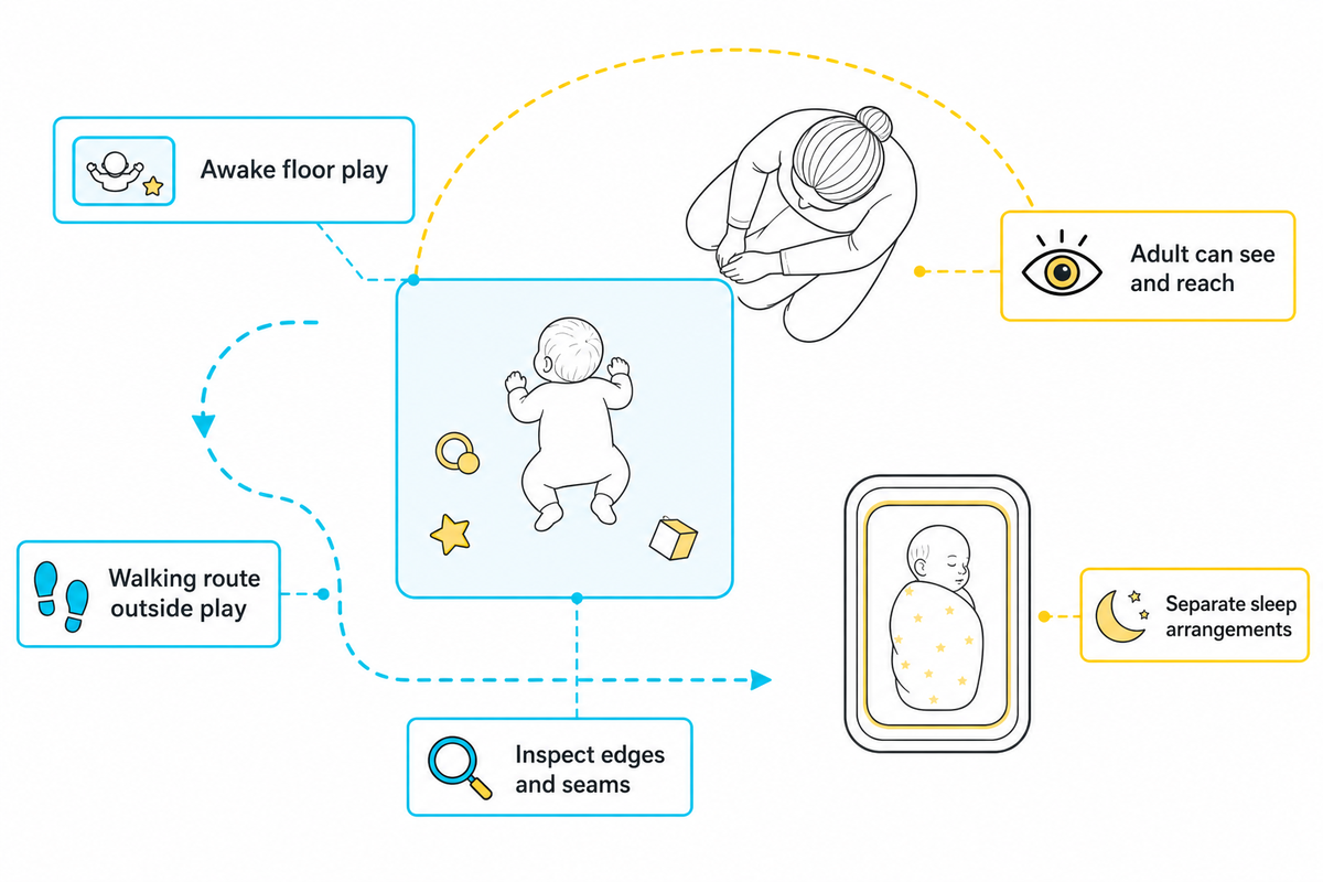 Keep awake floor play visible, reachable and separate from traffic and sleep (Head Start, AAP).