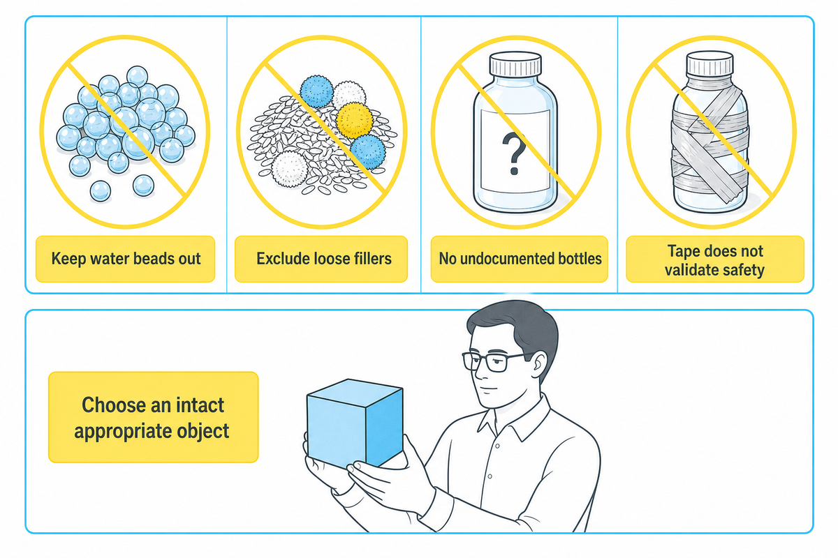 Exclude water beads, loose fillers and undocumented containers from infant play (CPSC, AAP).