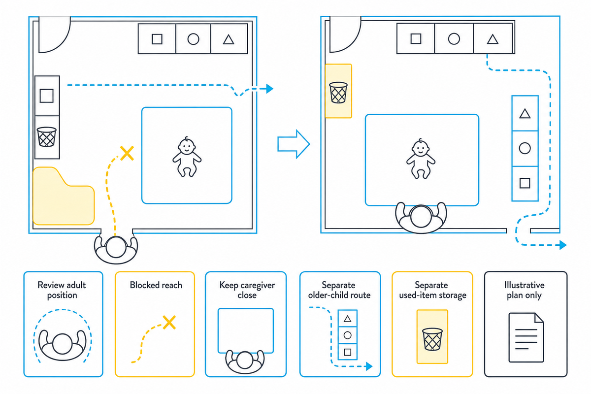 Adult sight and reach, older-child traffic and used-stock routes need separate review (Head Start).
