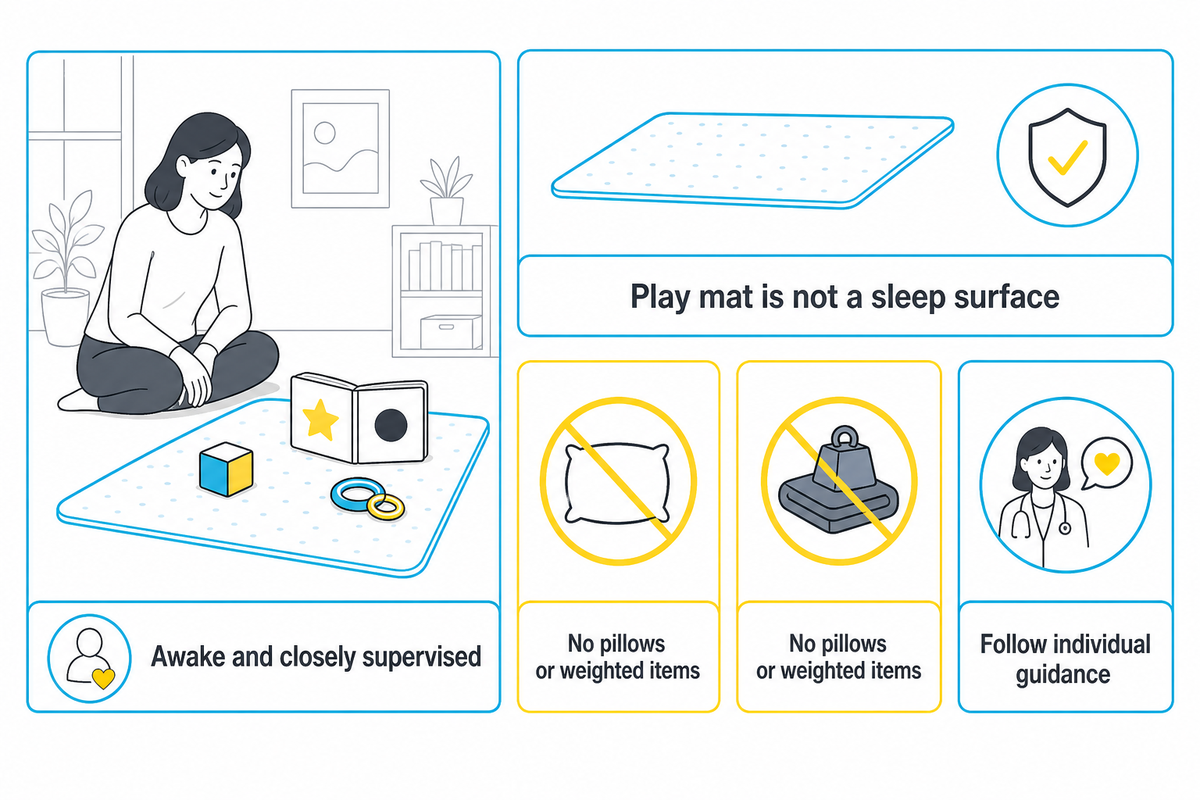 Tummy time is awake and closely supervised; a play mat is not a sleep surface (AAP).