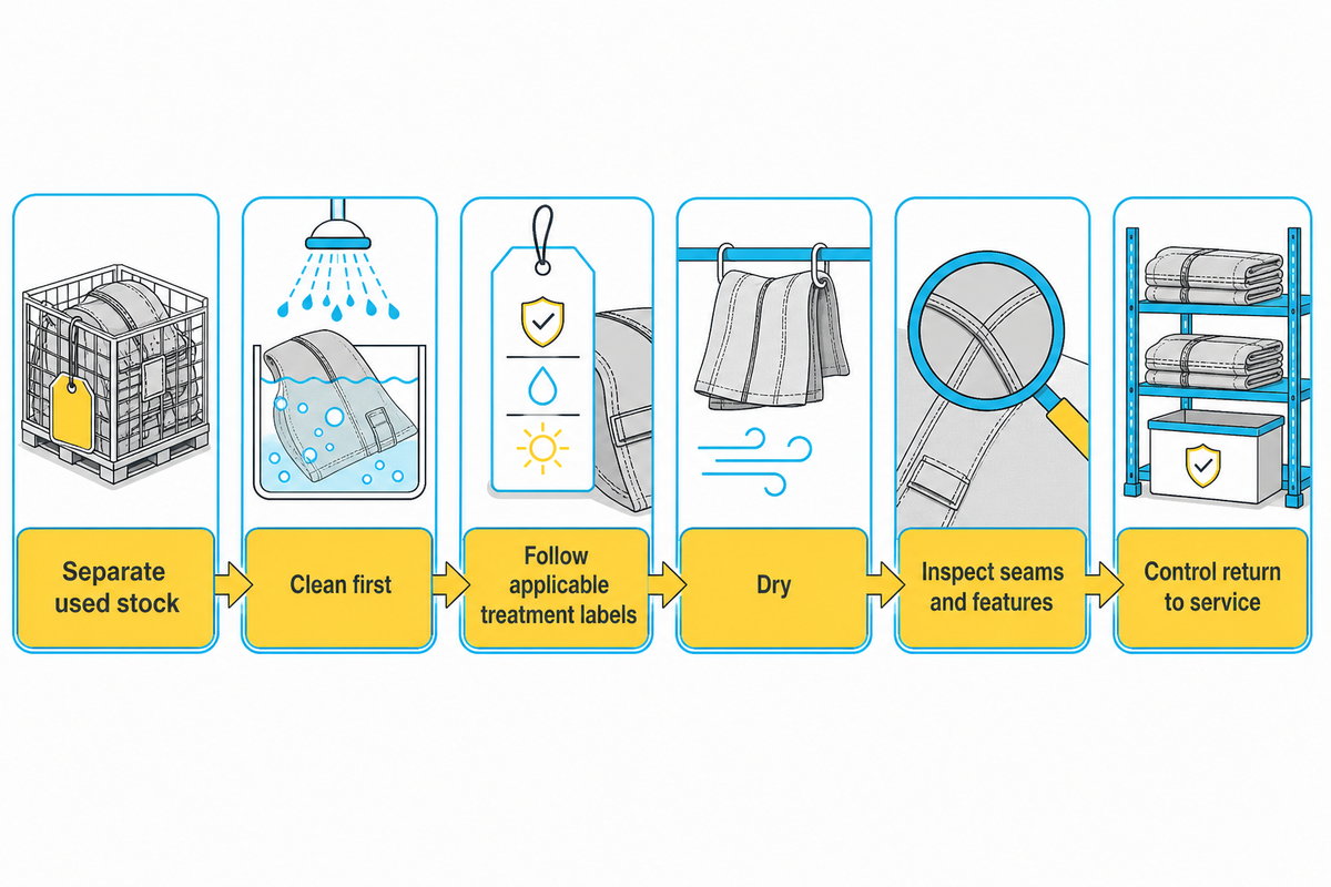 Clean before applicable treatment, then dry, inspect and control return to use (CDC).