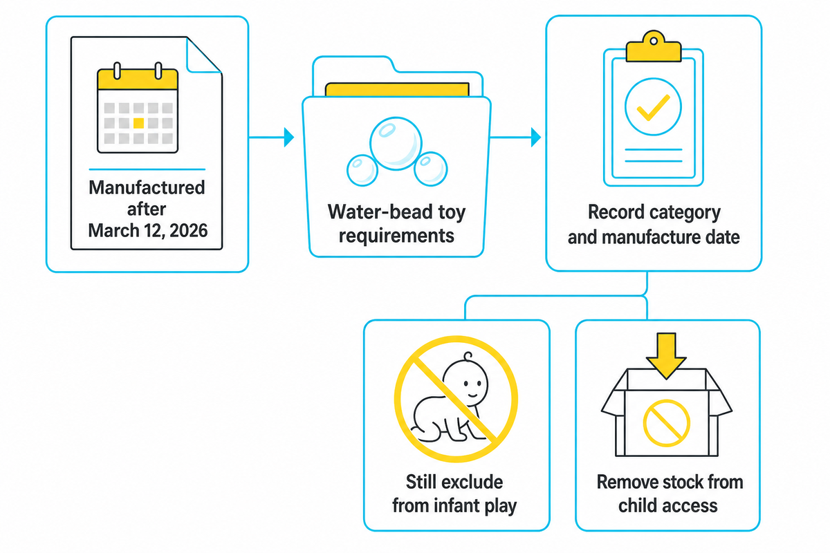 Water-bead toy rules apply after March 12, 2026 manufacture; infant play still excludes them (CPSC).