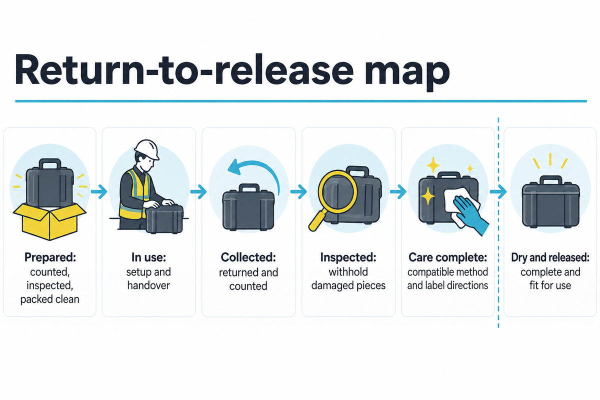 Returned equipment becomes bookable after inspection, compatible care, drying and release; CDC-informed workflow.