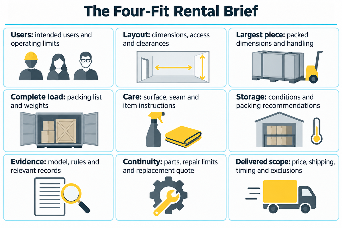 The Four-Fit brief requests nine quote fields, including packed loads, care and exact-product evidence; buyer framework.